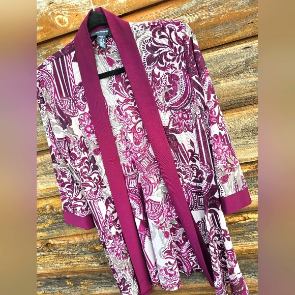 R&M Richard's Luxury Wine/Plum Sheer Lace Floral Open Cardigan Flowy Top Size 12 - Picture 4 of 14